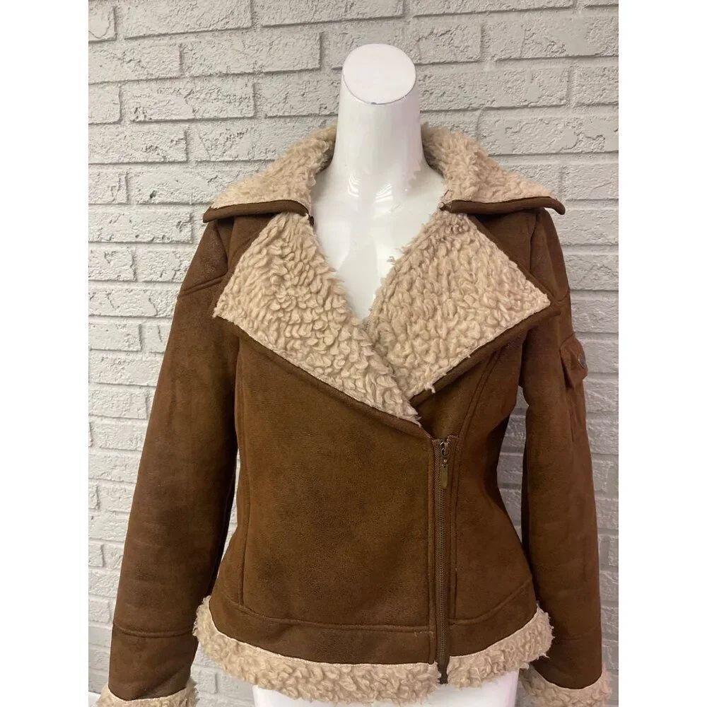 Ruff Hewn Women Brown Long Sleeve Mico-Fiber Sherpa Lined Bomber Jacket Size M